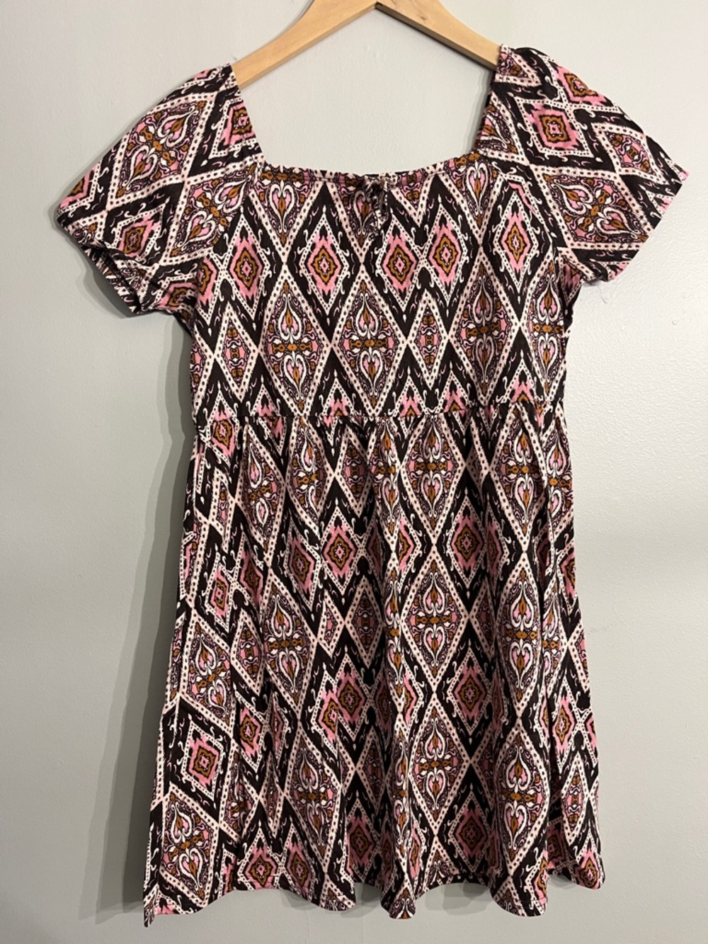 Place Pink, Black & Cream Ikat Print Tie-Neck Top